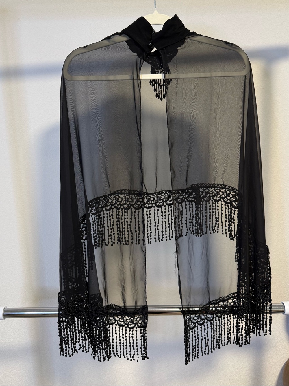 Vintage 1970s Joseph Ribkoff Black Sheer Fringe Cape-let/Shawl